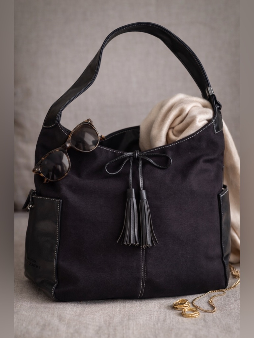 Givenchy Parfums Black Canvas & Leather Hobo Tote Bag Tassel Large Purse • Rare